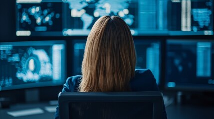 Medium shot of blue team analyst monitoring cyber defense dashboard in dark operations room, over the shoulder view.