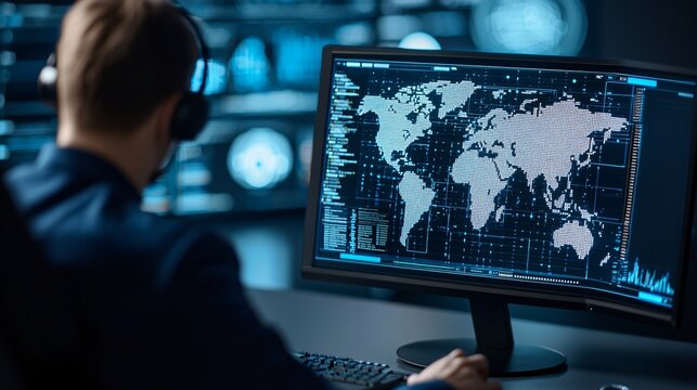 Medium shot of blue team analyst monitoring cyber defense dashboard in dark operations room, over the shoulder view. - Powered by Adobe