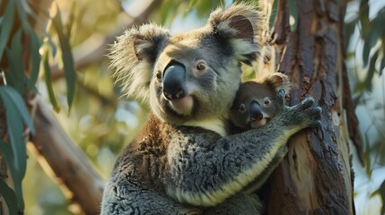 Fototapeta premium A mother koala cradling her joey.