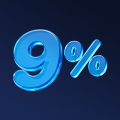 Blue glass 9 percent isolated on black background. 3D rendering