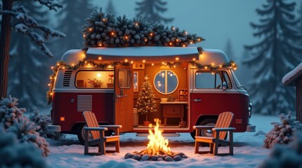 Cozy winter evening  near a campfire in a charming red van surrounded by snow-covered trees
