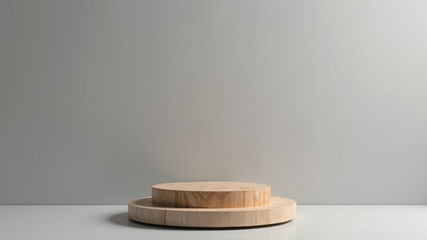empty podium on white wall . Wooden podium, Cosmetic display product stand on grey background.
