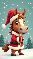 Cheerful horse dressed in Christmas attire holding a gift in a snowy landscape