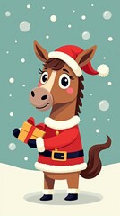 Cute cartoon horse wearing Santa hat and holding gift in snowy winter background