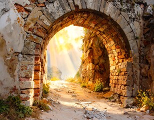 Sunlit archway through ancient ruins