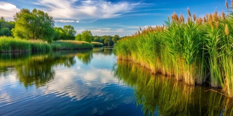 Fototapeta premium Serene Lakeside Vista Lush Green Reeds Reflecting in Calm Water Under a Partly Cloudy Sky