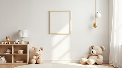 teddy bear on the bed . Kids room interior mockup, empty wall, wooden shelf and soft toys, wooden photo frame Generative ai
