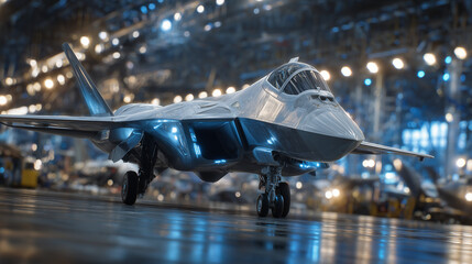 Fototapeta premium Overhead angle of modern military fighter jet inside hangar, glowing blue light pools on smooth floor, cinematic premium photography