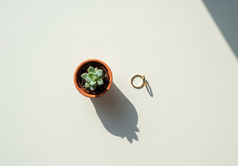 Minimalist gold hoop earrings and small succulent plant in pot flat lay composition