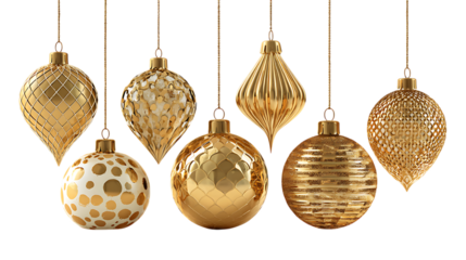 Collection of golden christmas ornaments isolated on transparent background.