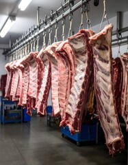 Rib Racks Hanging in a Meat Processing Plant with Industrial Lighting