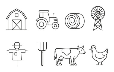 Farm icon set featuring barn, tractor, hay bale, windmill, scarecrow, pitchfork, cow, chicken