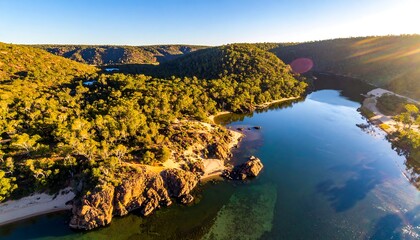 Scenic aerial view of a tranquil lake nestled in a valley