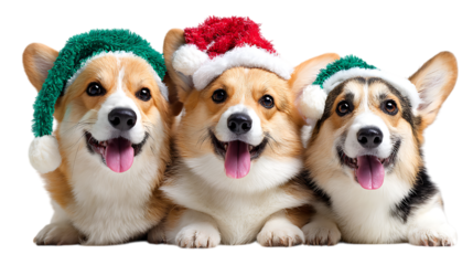 Three adorable corgis wearing festive christmas hats isolated on transparent background.