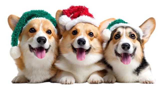 Three adorable corgis wearing festive christmas hats isolated on transparent background.