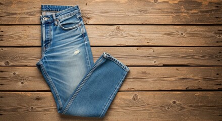 Blue jeans with a vintage, worn look, folded on a rustic wooden background with ample copy space. Ideal for fashion, casual wear, or denim-related themes.