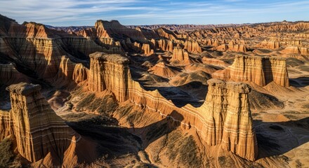 Dramatic aerial view of an arid landscape featuring towering eroded sandstone pillars and mesas under a vast blue sky, illuminated by warm, golden light.