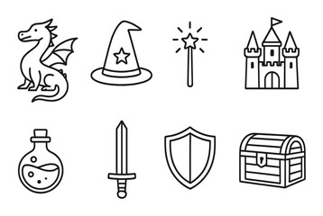 Fantasy icons: dragon, wizard hat, magic wand, castle, potion, sword, shield, treasure chest