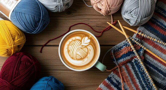 Cozy knitter's coffee break with colorful yarn and needles