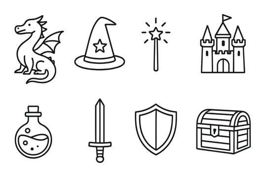 Fantasy icons: dragon, wizard hat, magic wand, castle, potion, sword, shield, treasure chest