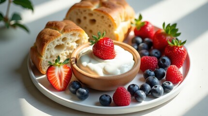 Sweet focaccia served with fresh berries and creamy yogurt on a white plate in bright sunshine