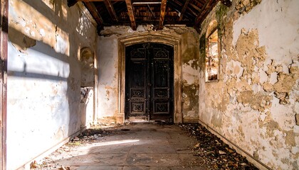 Sunlit corridor in a decaying building