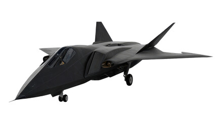Stealth jet fighter aircraft with matte black body shown in side view isolated on a Transparent background, PNG file.