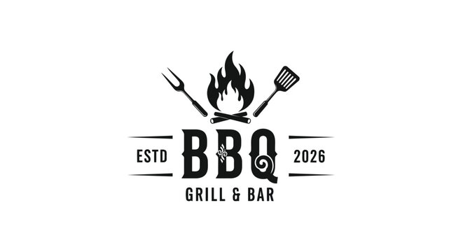 Vector illustration of vintage bbq grill and bar logo with fire, fork, and spatula