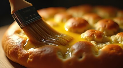 Sweet focaccia being brushed with egg wash for a golden finish in a cozy kitchen setting