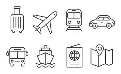 Transportation icons featuring luggage, airplane, train, car, bus, ship, passport, map