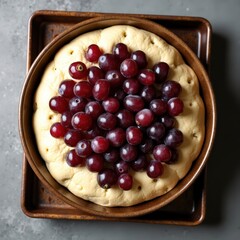 Sweet focaccia topped with fresh grapes is prepared for baking in a rustic kitchen setting