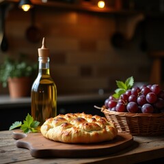Sweet focaccia with grapes and olive oil creates a cozy kitchen atmosphere in an inviting setting
