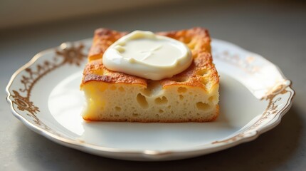 Sweet focaccia topped with creamy frosting served on an elegant plate in a cozy setting