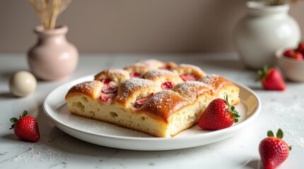 Sweet focaccia topped with fresh strawberries served on a plate in a cozy kitchen environment