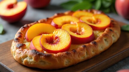 Delicious sweet focaccia topped with fresh peaches is perfect for breakfast or dessert on a sunny afternoon