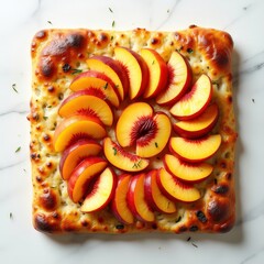 Sweet focaccia with fresh peach slices arranged in a spiral pattern on a marble countertop