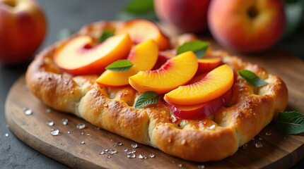 Delicious sweet focaccia topped with fresh peaches and mint leaves on a wooden board in a cozy kitchen setting