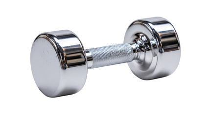 Studio lighting shot of polished steel dumbbell centered isolated on a Transparent background, PNG file.