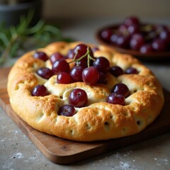 Freshly baked sweet focaccia topped with grapes on a wooden board at a cozy kitchen setting