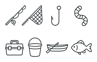 Fishing equipment icons: rod, net, hook, bait, tackle box, bucket, boat, fish