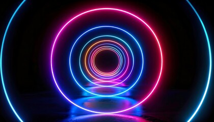 A series of concentric glowing neon circles create a vibrant tunnel effect against a black background, offering a perspective view