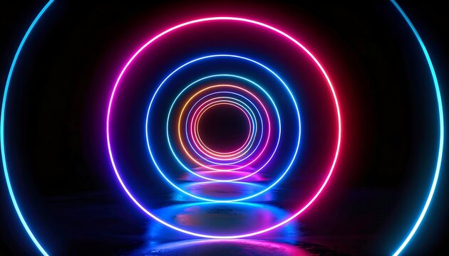 A series of concentric glowing neon circles create a vibrant tunnel effect against a black background, offering a perspective view