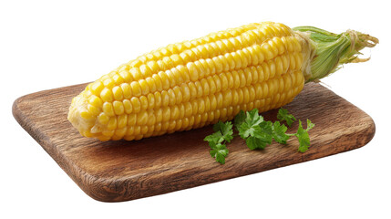 Sweetcorn cob placed on cutting board against isolated on a Transparent background, PNG file.