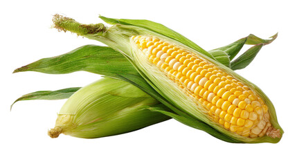 Sweetcorn placed diagonally with husk half-open revealing kernels isolated on a Transparent background, PNG file.