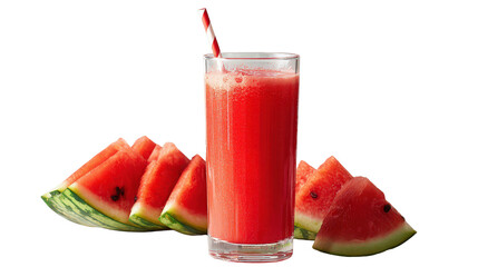 Tall glass filled with red watermelon juice with straw isolated on a Transparent background, PNG file.