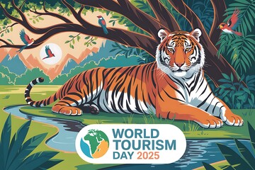 Majestic tiger resting in lush jungle celebrating world tourism day