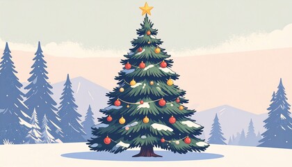 Obraz premium Festive Christmas Tree amidst Snowy Landscape: A Winter Holiday Illustration