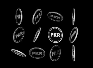 Falling Silver And Black Pakistani Rupee Rounded Coins Isolated On dark Background 3d Illustration