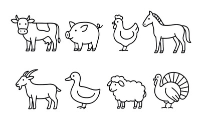 Hand-drawn farm animals set with cow, pig, chicken, horse, goat, duck, sheep, turkey