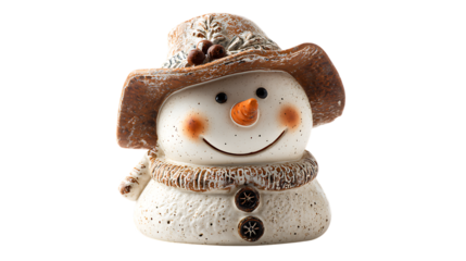 Cute snowman figurine isolated on transparent background.